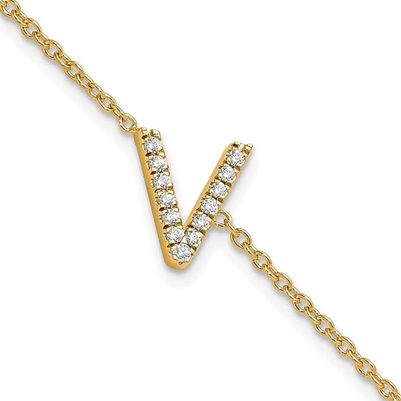 14k Yellow Gold Diamond Sideways Letter V w/ 1in ext. Bracelet
